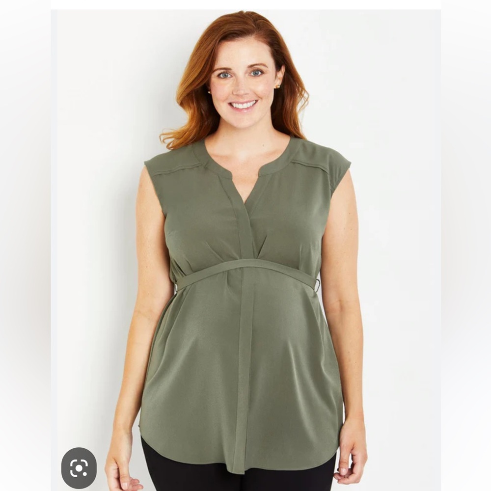 Motherhood Maternity Green Cap Sleeve Tie Detail Tunic Button Down Top Large